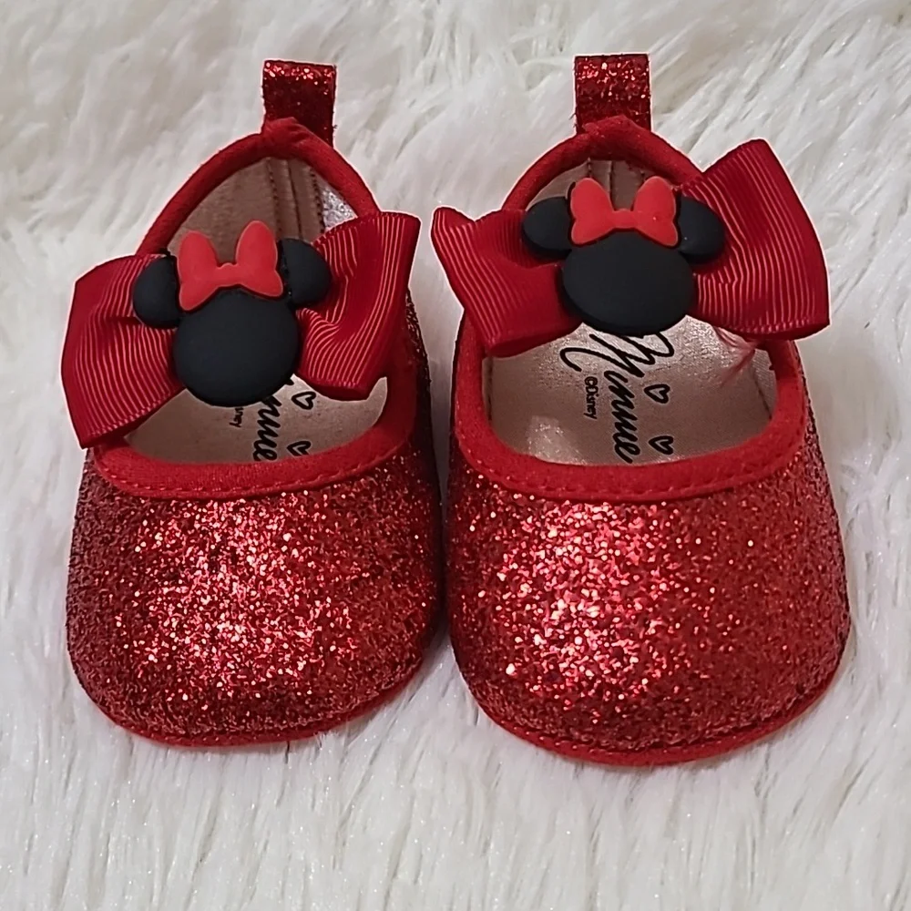 DISNEY Minnie Mouse Bow Red‎ Glitter Infant Crib Shoes - Size 3-6M